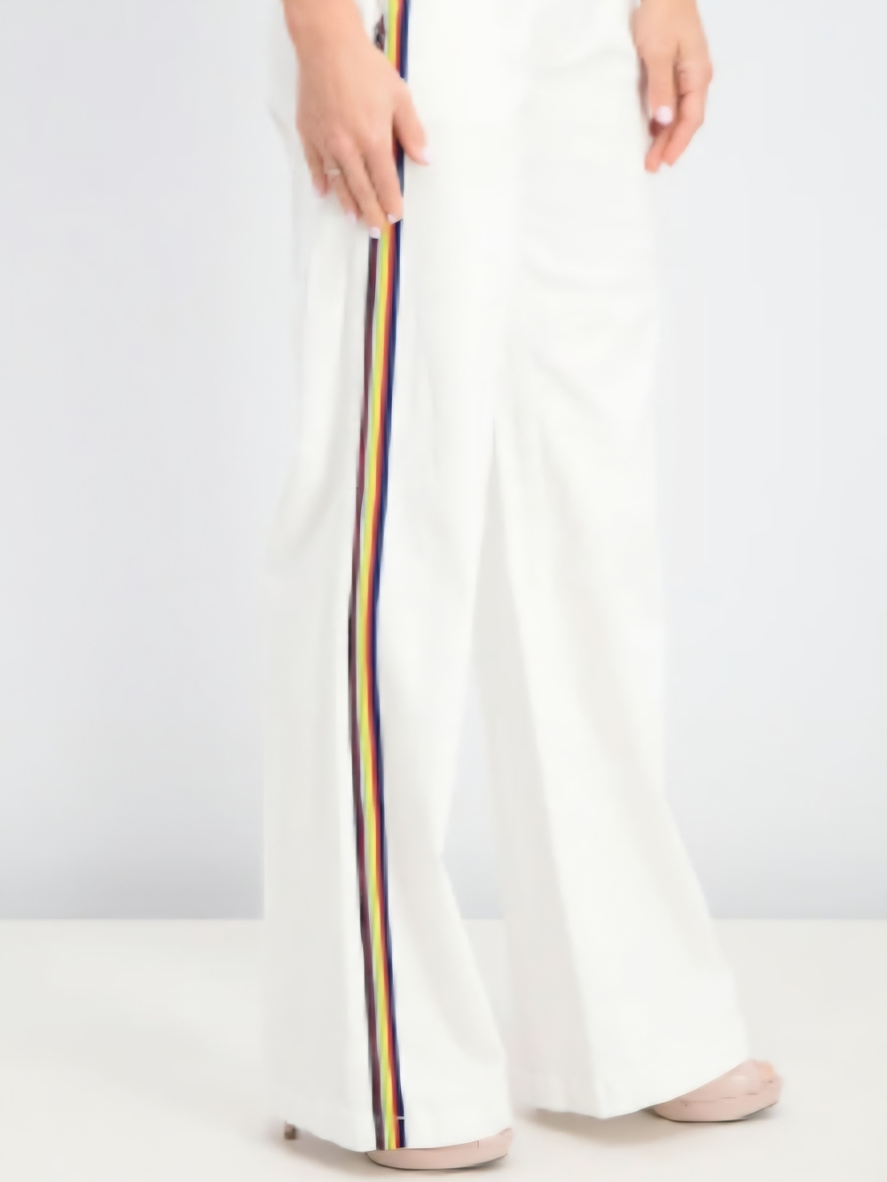 Rachel Roy Wide-Leg White Pants with Rainbow Side Stripe